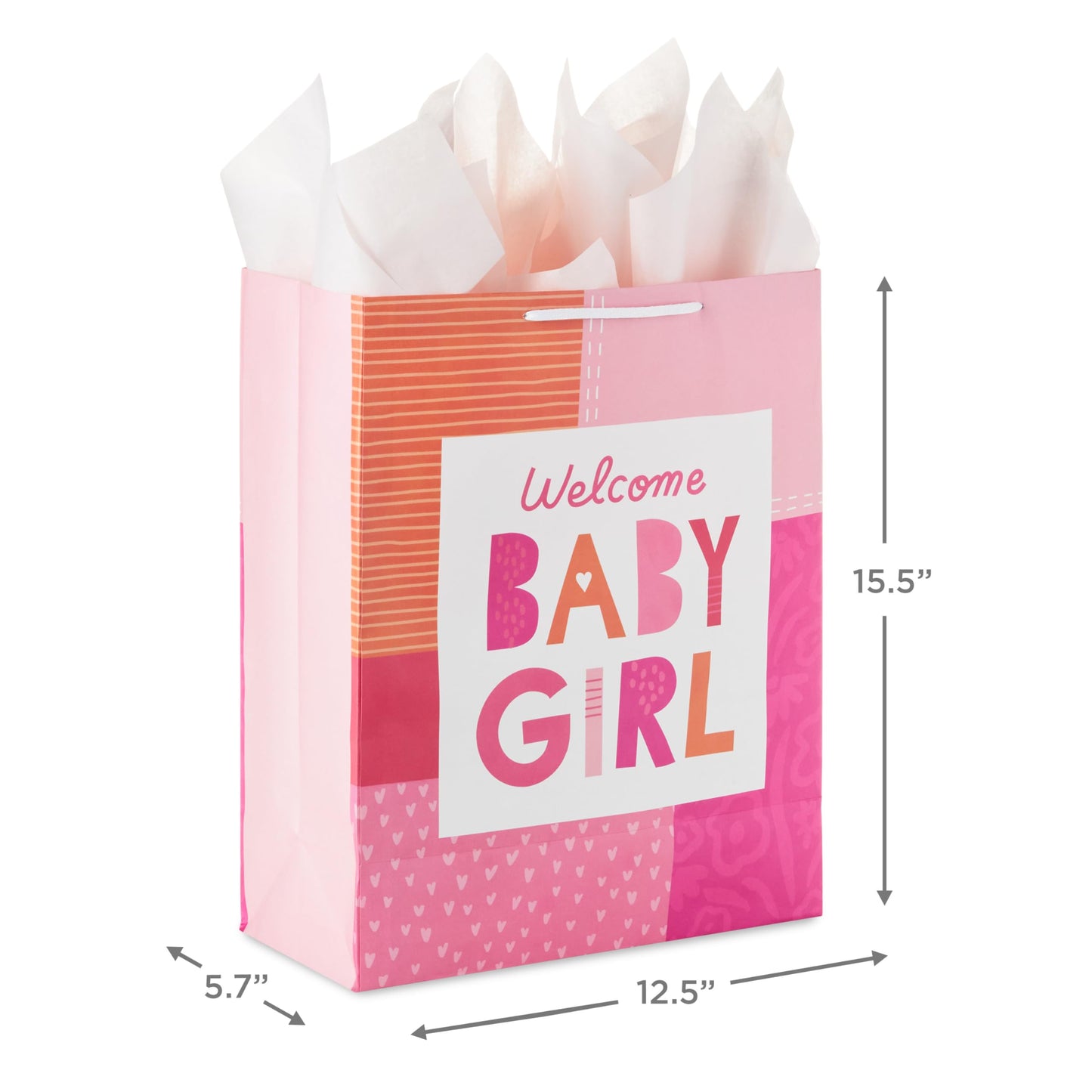 Hallmark 15" Extra Large Gift Bag with Card and Tissue Paper for Baby Shower (Welcome Baby Girl, Pink and Orange) for New Parents, Coworkers, Sister