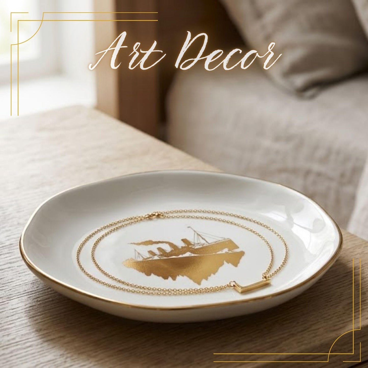 InnoBeta Titanic Gifts - 4.75" Handcrafted Ceramic Ring Dish with Gold Trim, Decorative Trinket Dish for Rings Earrings Necklaces