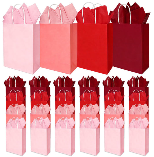 Whaline 24 Pcs Valentine's Day Gift Bags Valentines Kraft Paper Bags with Tissue Paper Gradient Red Pink Party Favor Bag Treat Goodie Bag for Anniversary Wedding Gift Giving Classroom Exchange Prizes