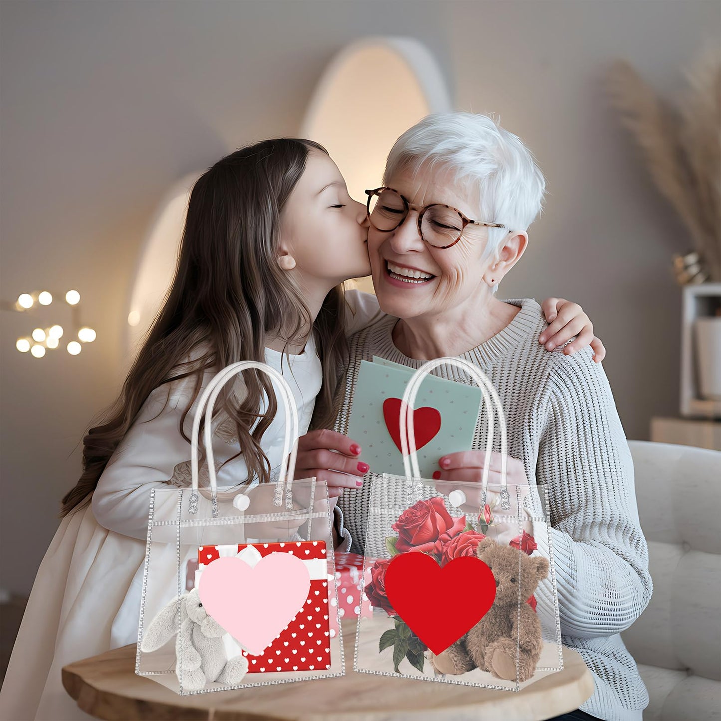Aliceset 24 Pcs Heart Gift Bags Bulk Clear PVC Gift Bags with Handles Heart Pattern Reusable Transparent Tote for Party Favors Candy Treat for Women Mother`s Day (Love, 6.31"x 5.91"x 3.15")