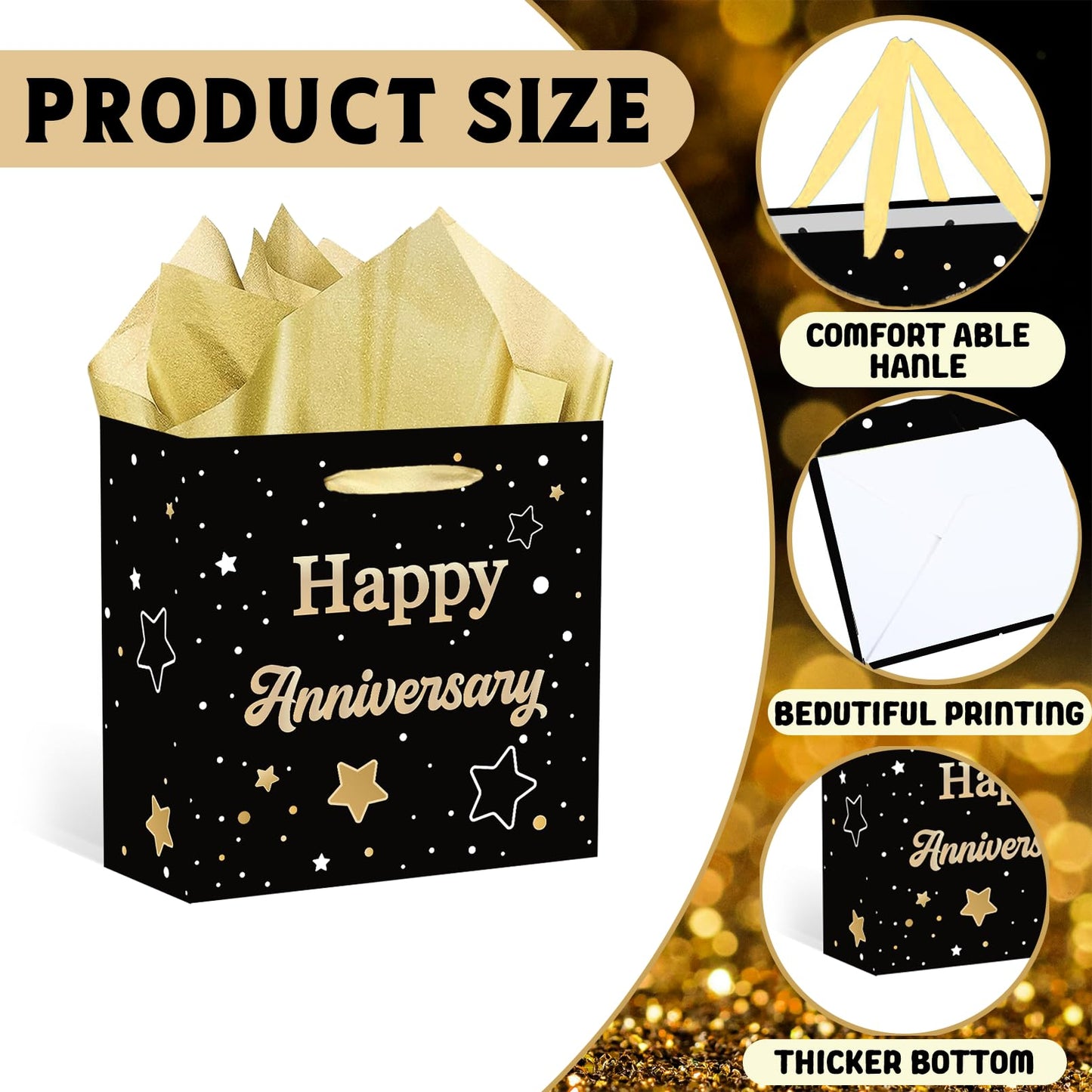 ONANNA Small Anniversary Themed Gift Bag with Tissue Paper and Greeting Card 7" Wedding Anniversary Wrpping Gifts Bag for Men Women Boyfriend Husband, Black Gold Romantic Milestone Party Supplies