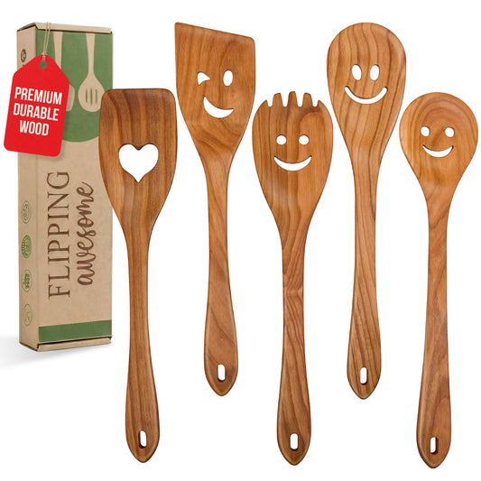 MFC 5-Piece Wooden Cooking Spoons - Kitchen Set from Natural Cherry Wood - Wooden Spoons for Cooking - Funny Utensil Set with Smiley Faces - Cooking Multipurpose Wood Utensils