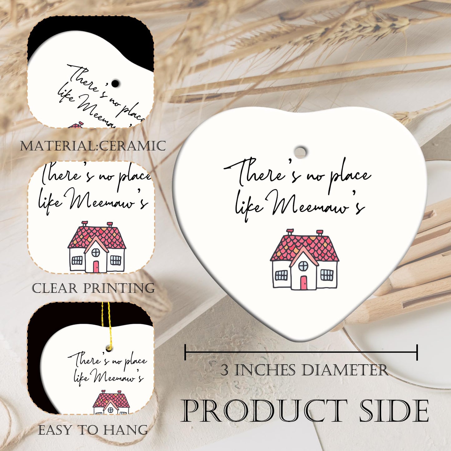 Meemaw Gifts Ornament, Grandma Christmas Hanging Heart Ornaments for Xmas Tree Party Decorations, Grandma Gifts from Grandkids, There's No Place Like Meemaw's House Decorative Ornaments Keepsake