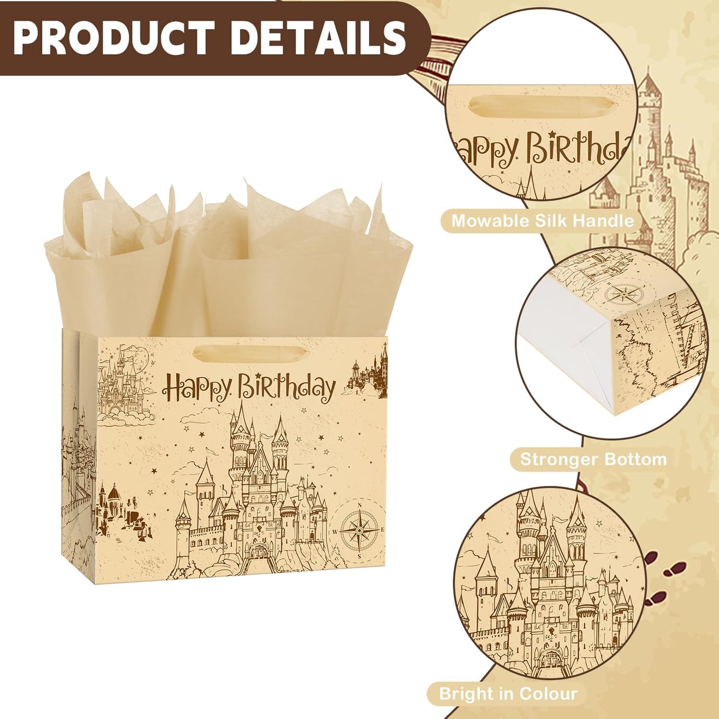 Ranfashiong 13" Brown Magic Wizard Gift Bag with Tissue Paper, Vintage Design Kraft Ancient Castle Princess Birthday Party Favor for Baby Shower, Girl, Boys Wrapping