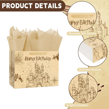 Ranfashiong 13" Brown Magic Wizard Gift Bag with Tissue Paper, Vintage Design Kraft Ancient Castle Princess Birthday Party Favor for Baby Shower, Girl, Boys Wrapping