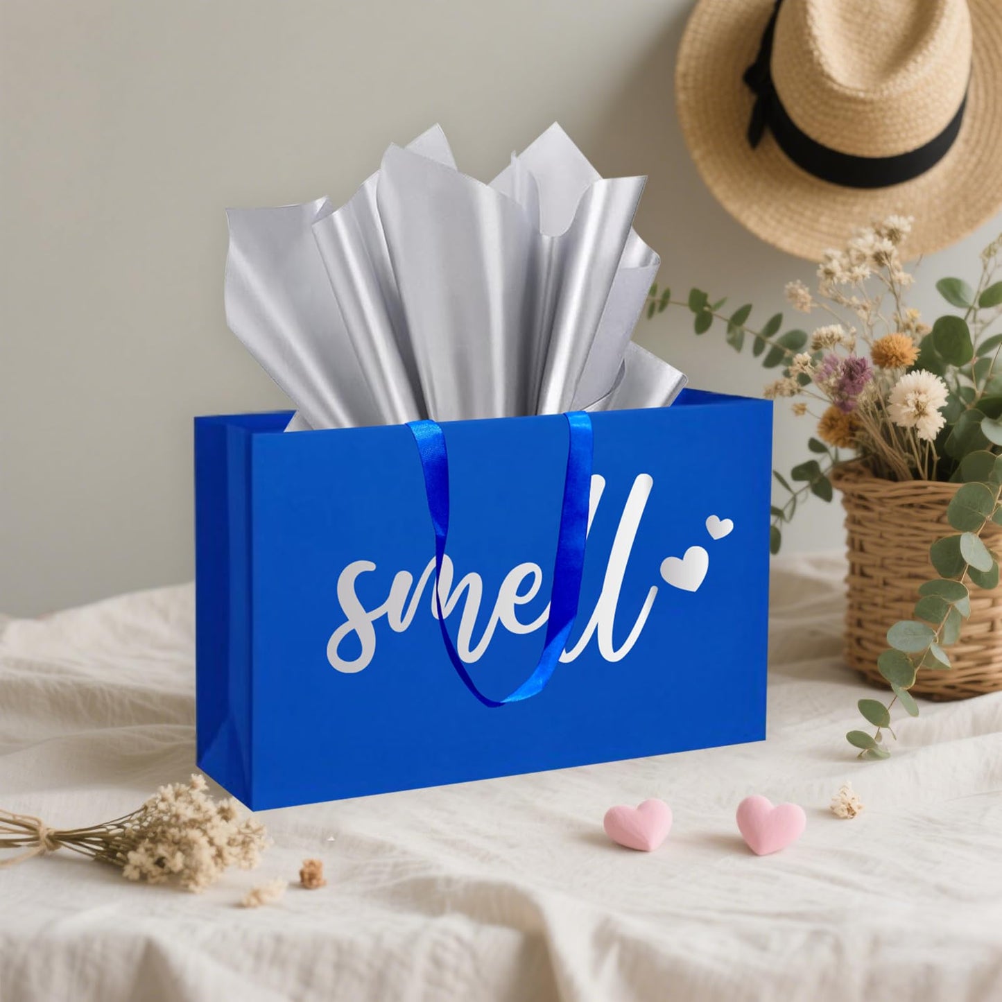 YIXAXKAO 5 Senses Gift Bags Five Senses Gift Bags with Tissue Paper Kraft Paper Bag with Ribbon Handles for Anniversary, Valentine's Day, Birthday for Him Husband Boyfriend (Blue Silver)