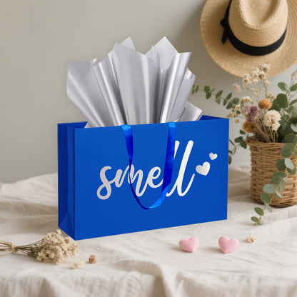 YIXAXKAO 5 Senses Gift Bags Five Senses Gift Bags with Tissue Paper Kraft Paper Bag with Ribbon Handles for Anniversary, Valentine's Day, Birthday for Him Husband Boyfriend (Blue Silver)