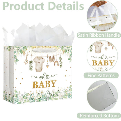 Yusenguan 13" Large Baby Gift Bag with Tissue Paper, Greeting Card and Handle for Baby Shower Boys Girl's Kid's Birthday Parties (Green)