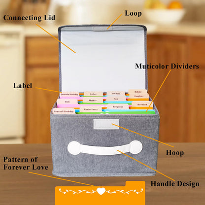 Greeting Card Organizer & Storage Box with 16 Pcs Adjustable Dividers, Storing 120+ Cards with 84 Pcs Labels (Grey - 1 Pack)