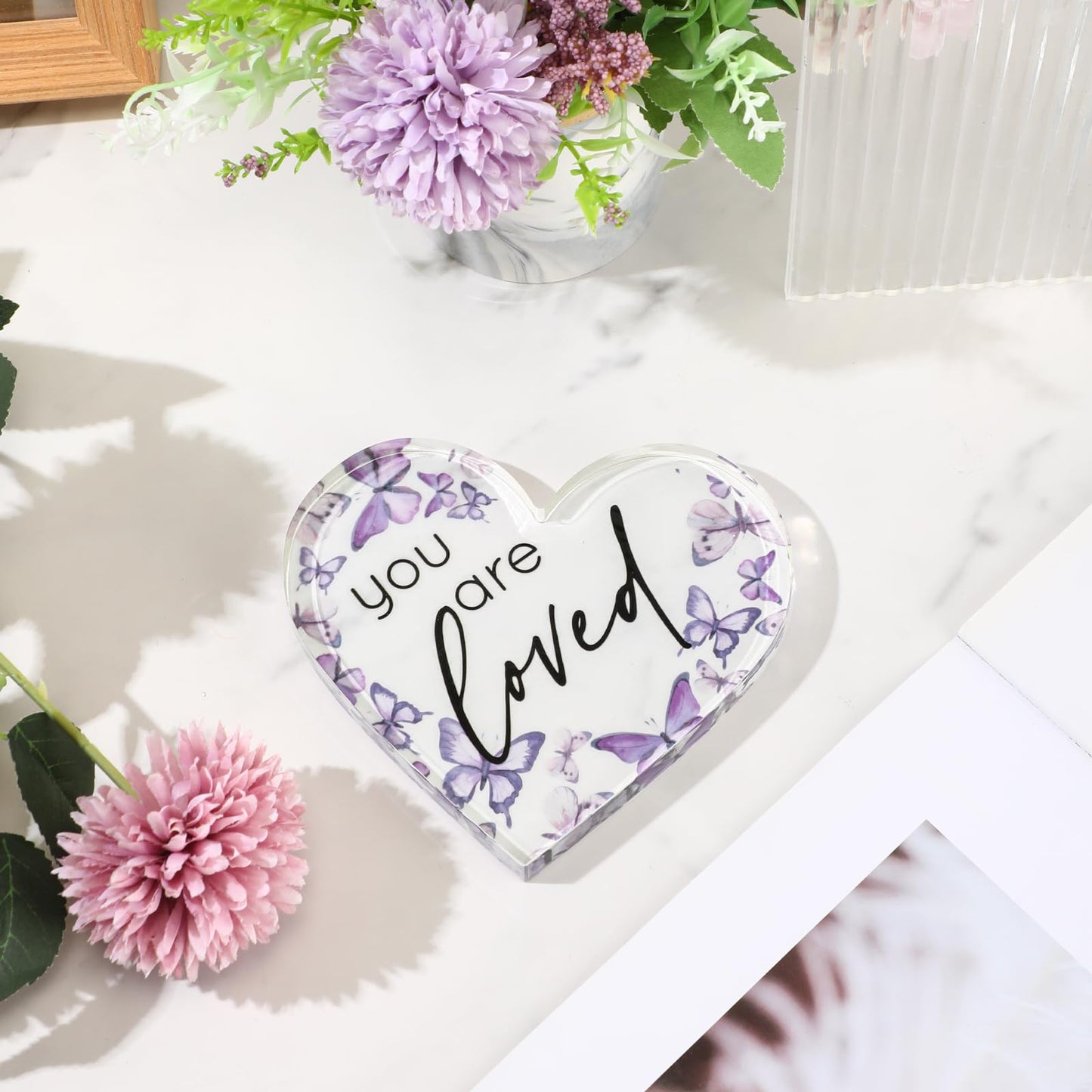 Yulejo Inspirational Butterfly Gift You Are Loved Decor Acrylic Heart Shaped Keepsake with Rustic Purple Butterflies for Coworker Teacher Lady Employee Appreciation Office Summer Gift