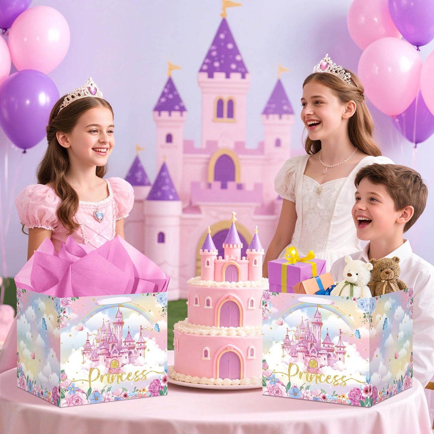Extra Large Princess Gift Bag for Girls, Pink Castle Party Favors Bag with 6Pcs Tissue Paper Jumbo Flower Floral Gifts Bag with Handles Princess Wrapping Paper Bags for Birthday, Wedding, Baby Shower