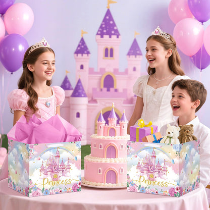 Extra Large Princess Gift Bag for Girls, Pink Castle Party Favors Bag with 6Pcs Tissue Paper Jumbo Flower Floral Gifts Bag with Handles Princess Wrapping Paper Bags for Birthday, Wedding, Baby Shower