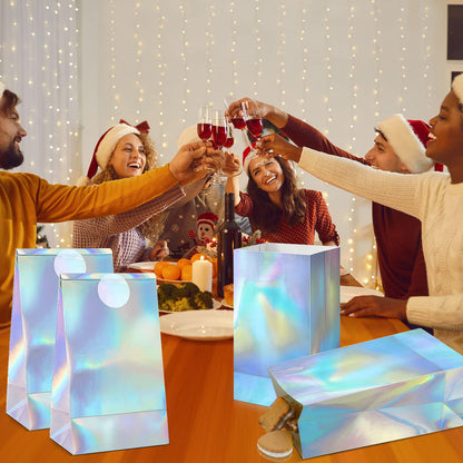 Estune 30 Pcs Iridescent Party Favor Bags with Stickers Holographic Paper Gift Bags 8. 3 x 5 x 3 Inch Reusable Glitter Foil Goodie Candy Handbag for Baby Shower Wedding Birthday Party Supplies