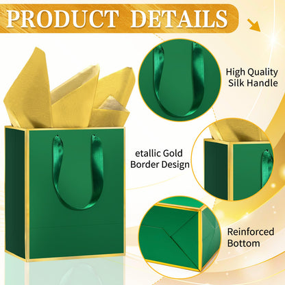 Epoesch 24Pcs Premium Gift Bags with Handles & Tissue Paper – 8"x5"x10" Green with Gold Edge –Thank You Bags for Father's Day, Birthdays Party, Wedding, Welcome Gift, Business