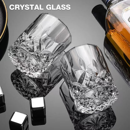 Qipecedm Old Fashioned Whiskey Glasses, Set of 4 (2 Crystal Bourbon Glasses, 2 Round Big Ice Ball Molds) In Gift Box - 11 Oz Rocks Glass, Barware for Scotch Cocktail Rum Vodka Liquor, Gifts for Men