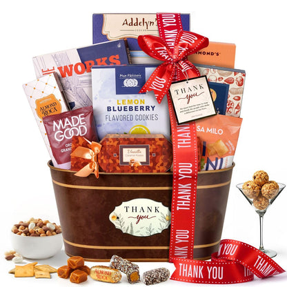 Broadway Basketeers Thank You Gift Basket Send Your Appreciation with This Beautiful Display Basket. Enjoy the Large Assortment of Sweets and Savory Treats, Perfect for Mom Dad Friends