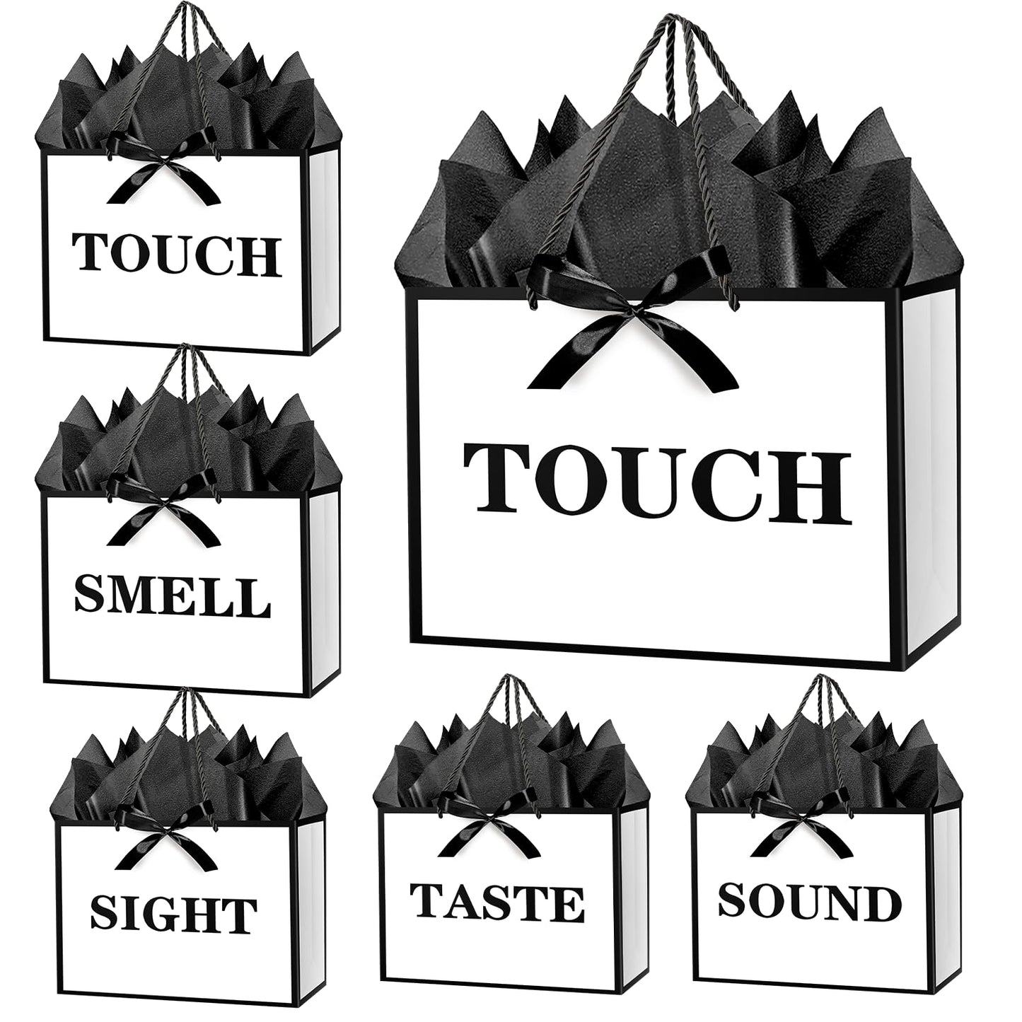 JWSCYSY 12.6" 5 Senses Gift Bags with Tissue Papers and Ribbons for Men, Women, Him Her Birthday, Anniversary, Wedding, Valentine's Day (White Black)