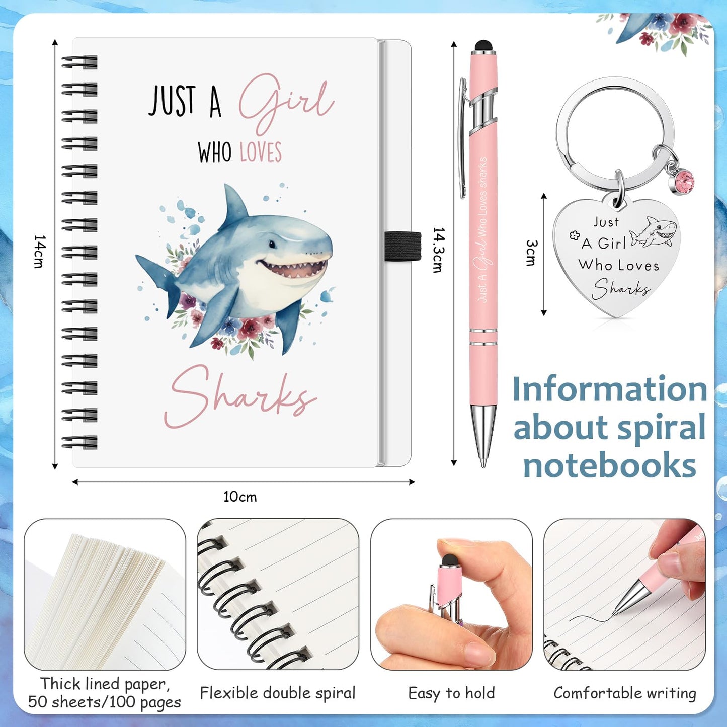 Ceenna 5 Pcs Shark Gifts for Women, Just a Girl Who Loves Shark Cosmetic Makeup Bag, Canvas Bag, A6 Spiral Notebook Lined Journal, Writing Gel Ink Pen and Funny Keychain for Girl Animal Lovers Gift