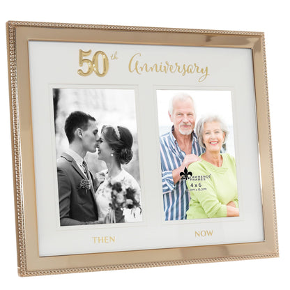 4x6 Double Gold Beaded Metal 50th Anniversary Picture Frame, Then and Now