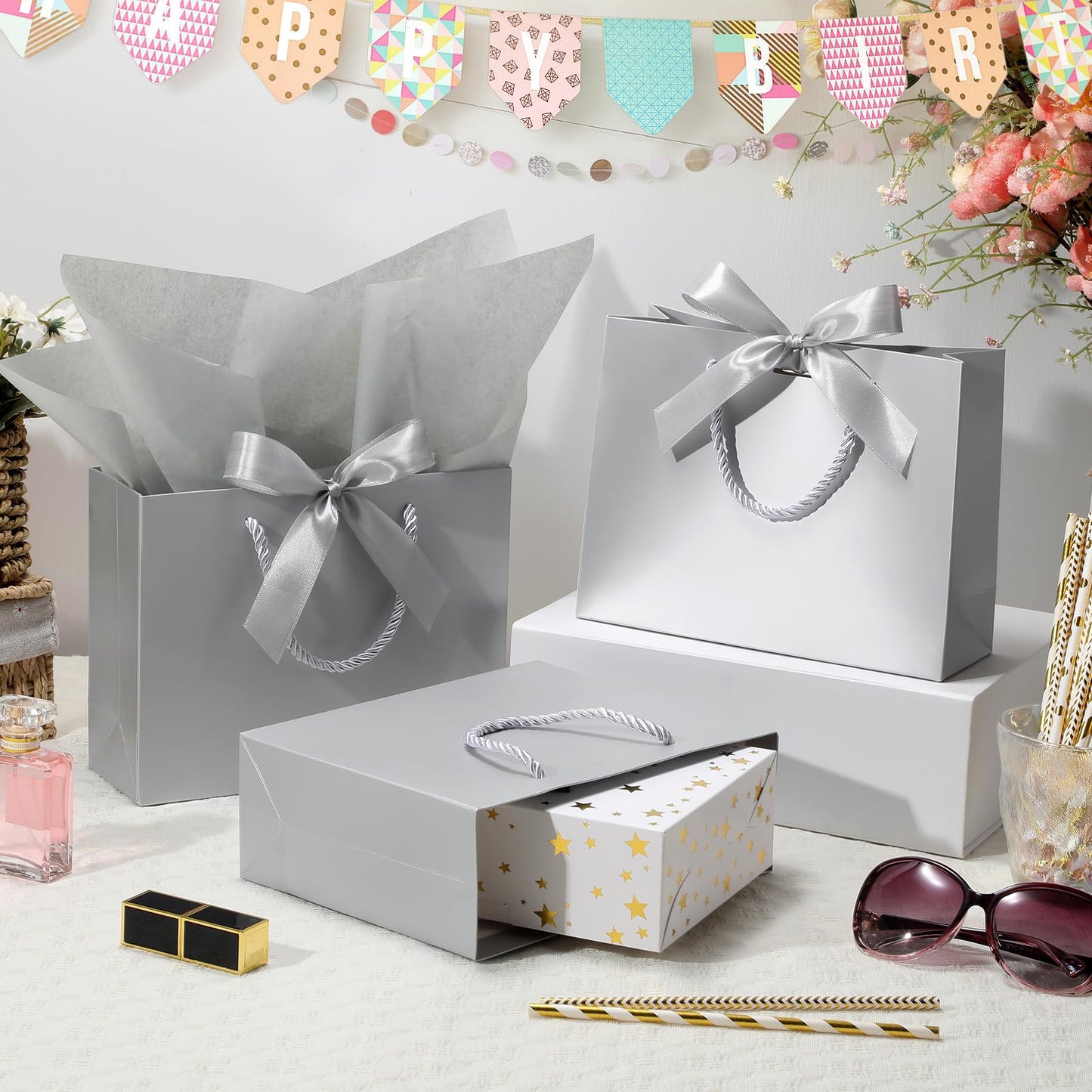 DOYIDE 30 Pack Gift Bags Medium Size with Ribbon and Greeting Cards Tissue Paper, 9"x7"x3.1" Portable Paper Gift Bag with Handles, Thank You Bags for Wedding Birthday Party Mothers Day Bridal Shower
