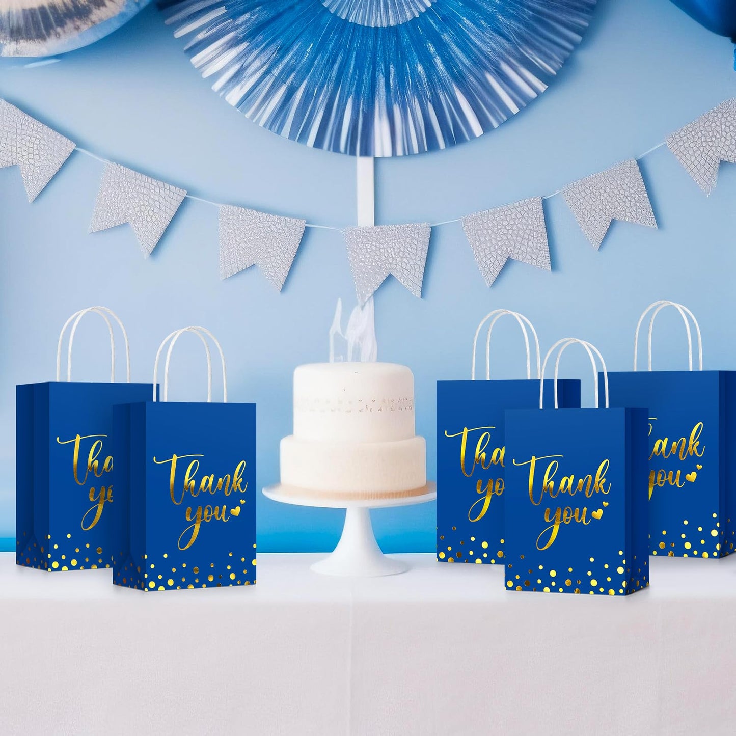 PerKoop 60 Pcs Thank You Gift Bags Bulk Paper Gold Thank You Wedding Bags with Handle for Business, Shopping, Wedding, Baby Shower, Party Favors (Royal Blue)