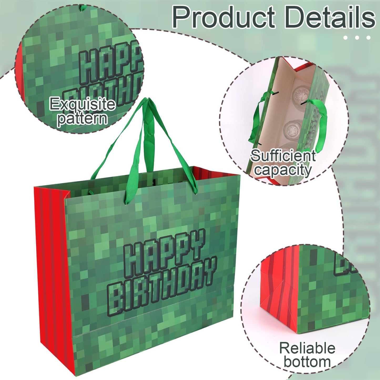 Happy Birthday Goodie Bags, Pixel Theme Gift Bags with Tissue Paper Greeting Card Envelope Party Supplies for Birthday