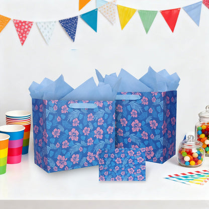 SAVITA Cute Hawaii Gift Bag Set, Blue & Pink Cartoon Party Favors Gift Goodie Bag Set with 3 Tissue Paper Envelopes Greeting Birthday Cards Hawaiian Favor Wrap for Baby Shower Holiday Party Supplies