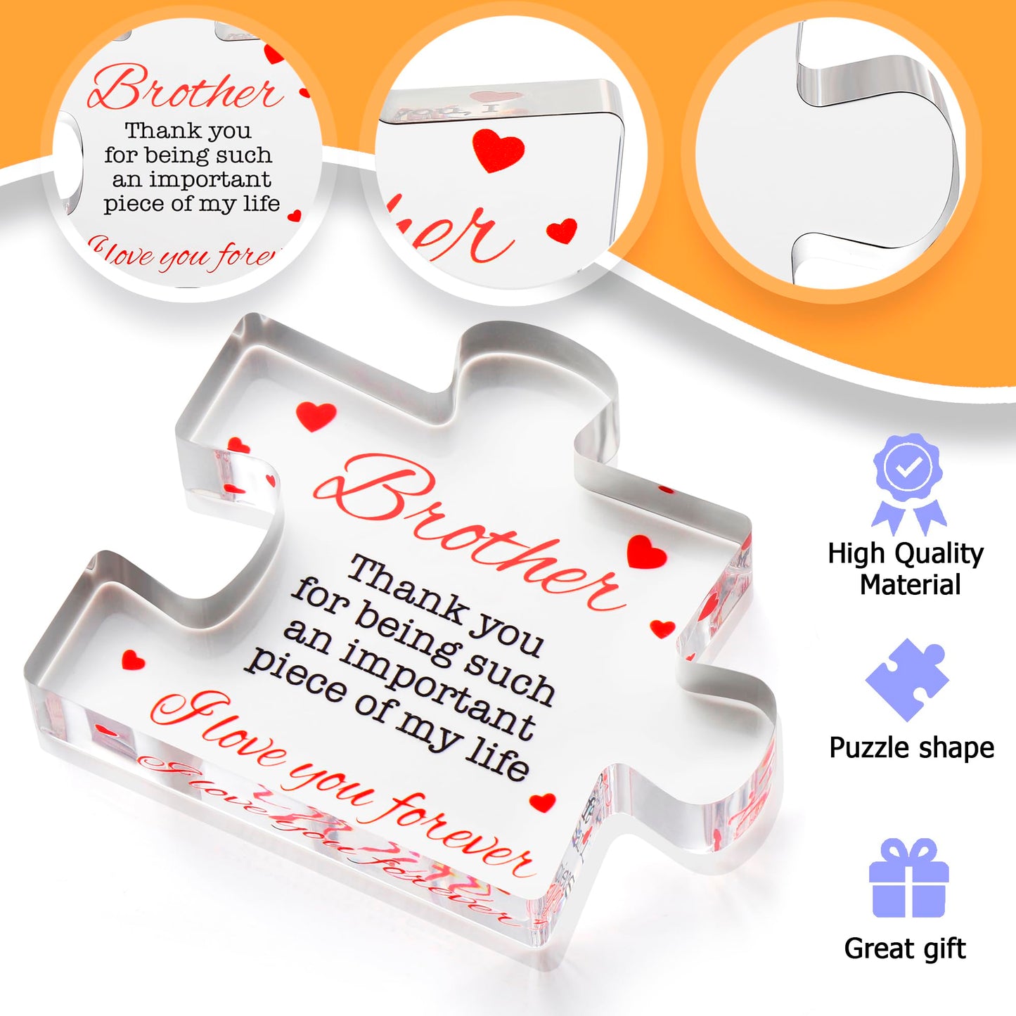 Brother Gifts - Engraved Acrylic Block Puzzle Brother Gift 4.1 x 3.5 inch - Cool Brother Gifts from Sister, Brother - Birthday, Christmas, Graduation Gifts for Big Brother, Little Brother