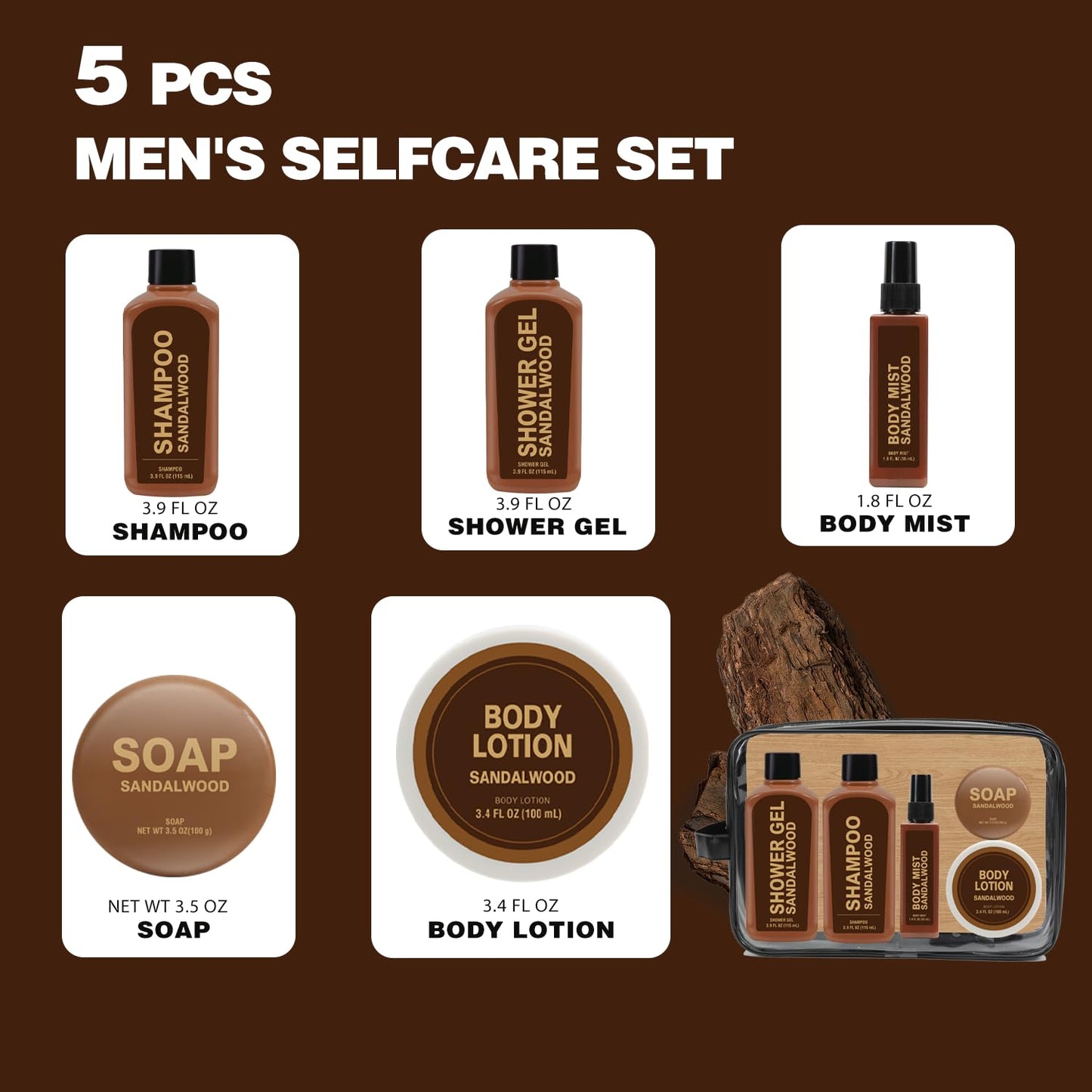 Gifts for Men 6pcs Sandalwood Gift Set Travel Size Toiletry with Shampoo, Shower Gel, Soap, Body Lotion, Mens Gifts Birthday Anniversary Gift Sets for Men, Christmas Self Care Fathers Day Gift