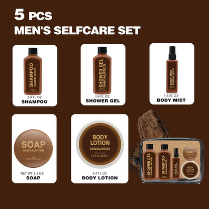 Gifts for Men 6pcs Sandalwood Gift Set Travel Size Toiletry with Shampoo, Shower Gel, Soap, Body Lotion, Mens Gifts Birthday Anniversary Gift Sets for Men, Christmas Self Care Fathers Day Gift