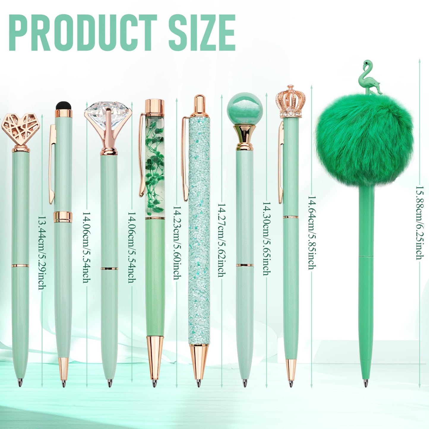 WEMATE 8Pcs Metal Crystal Diamond Ballpoint Pens Set - Glitter Green With Black & Blue Ink - Bling Fancy Gifts for Women, Wedding, School, Office Desk