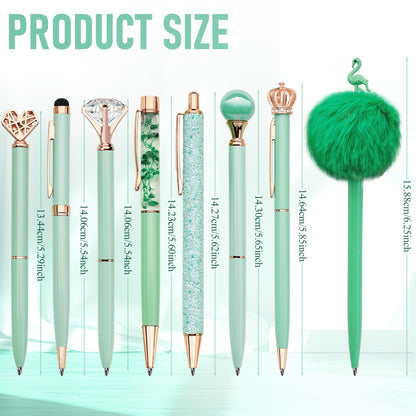 WEMATE 8Pcs Metal Crystal Diamond Ballpoint Pens Set - Glitter Green With Black & Blue Ink - Bling Fancy Gifts for Women, Wedding, School, Office Desk