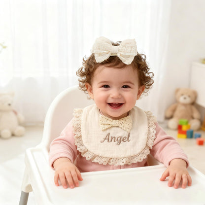 Personalized Muslin Baby Bibs Set with Name,Custom Soft Cotton Drool Bibs for Baby Girl,Teething Drooling Adjustable Bib for Newborn Toddler,Cute Bibs&Bows Gifts for Baby Shower, Birthday, Christmas