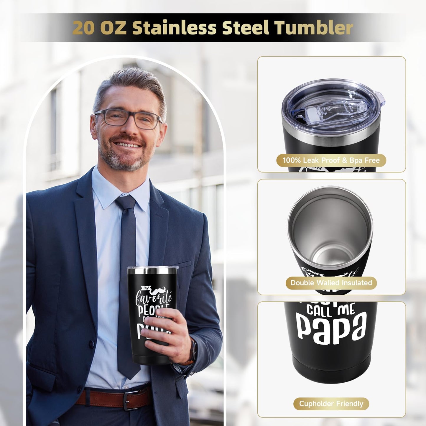 iAOVUEBY Papa Gifts, Fathers Day Gift for Papa/Grandpa, Birthday Gift for Dad, Funny 20oz Insulated Tumbler Cup Sets Present, Best Gifts Ideas for Papas Grandpa Grandparents from Grandkids