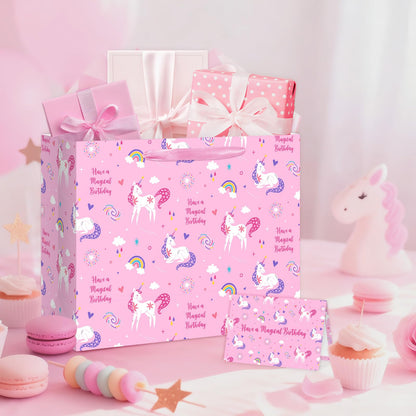 Reyoust 13" Large Magical Pink Unicorn Happy Birthday Gift Bag Set With Tissue Paper and Greeting Card Rainbow and Clouds Birthday Party Decorations for Girls Kids 13" L x 10.2" H x 4.9" D