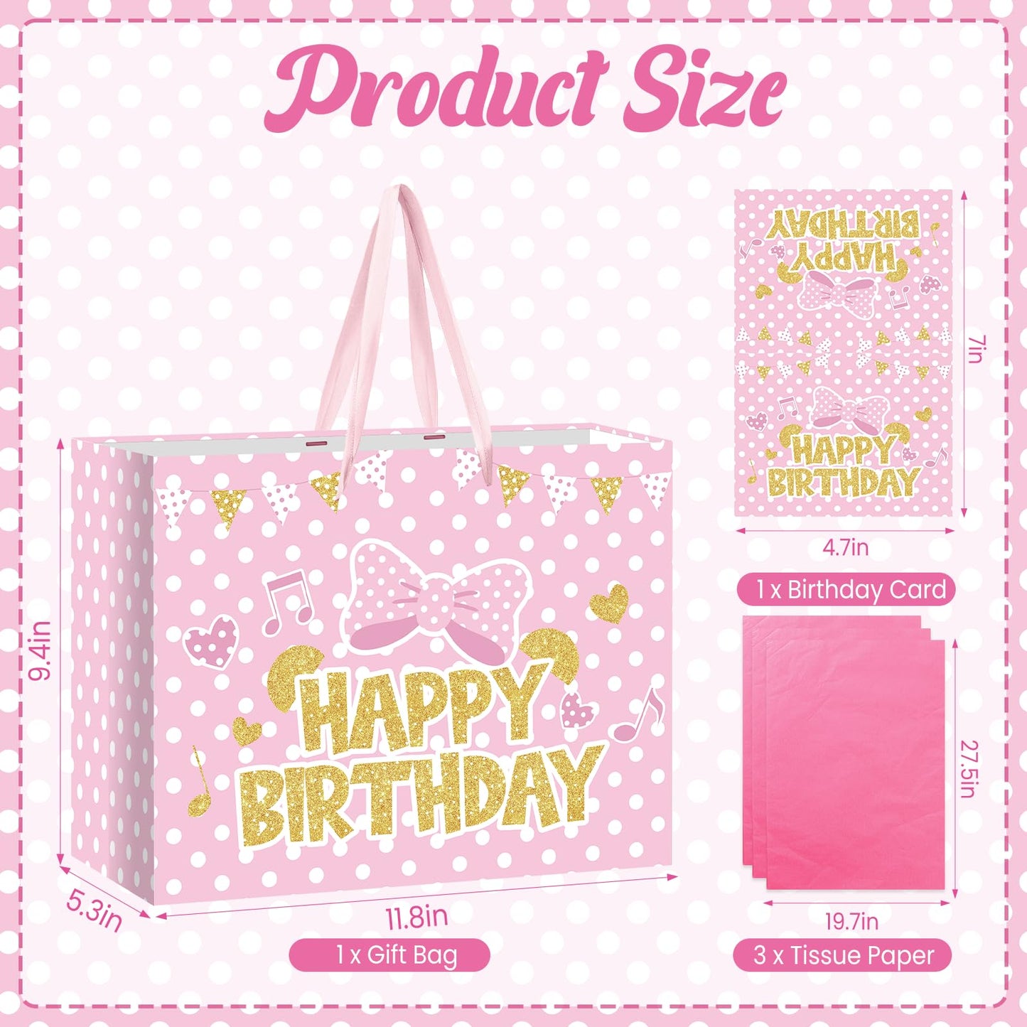 Cartoon Mouse Birthday Gift Bag with Tissue Paper and Card Pink Gold Bow Wrapping Paper Bags Large Princess Mouse Themed Birthday Party Favor Bags for Girls Bday Baby Shower Party Supplies Decorations