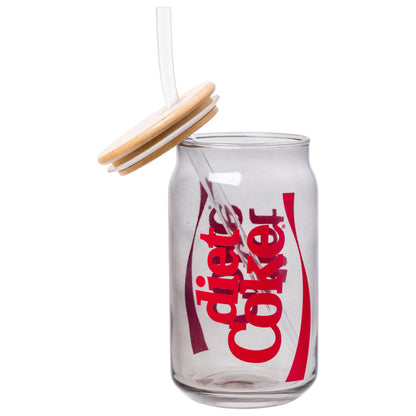Silver Buffalo Coca-Cola Diet Coke Glass Tumbler with Bamboo Lid and Plastic Straw, 16 Ounces