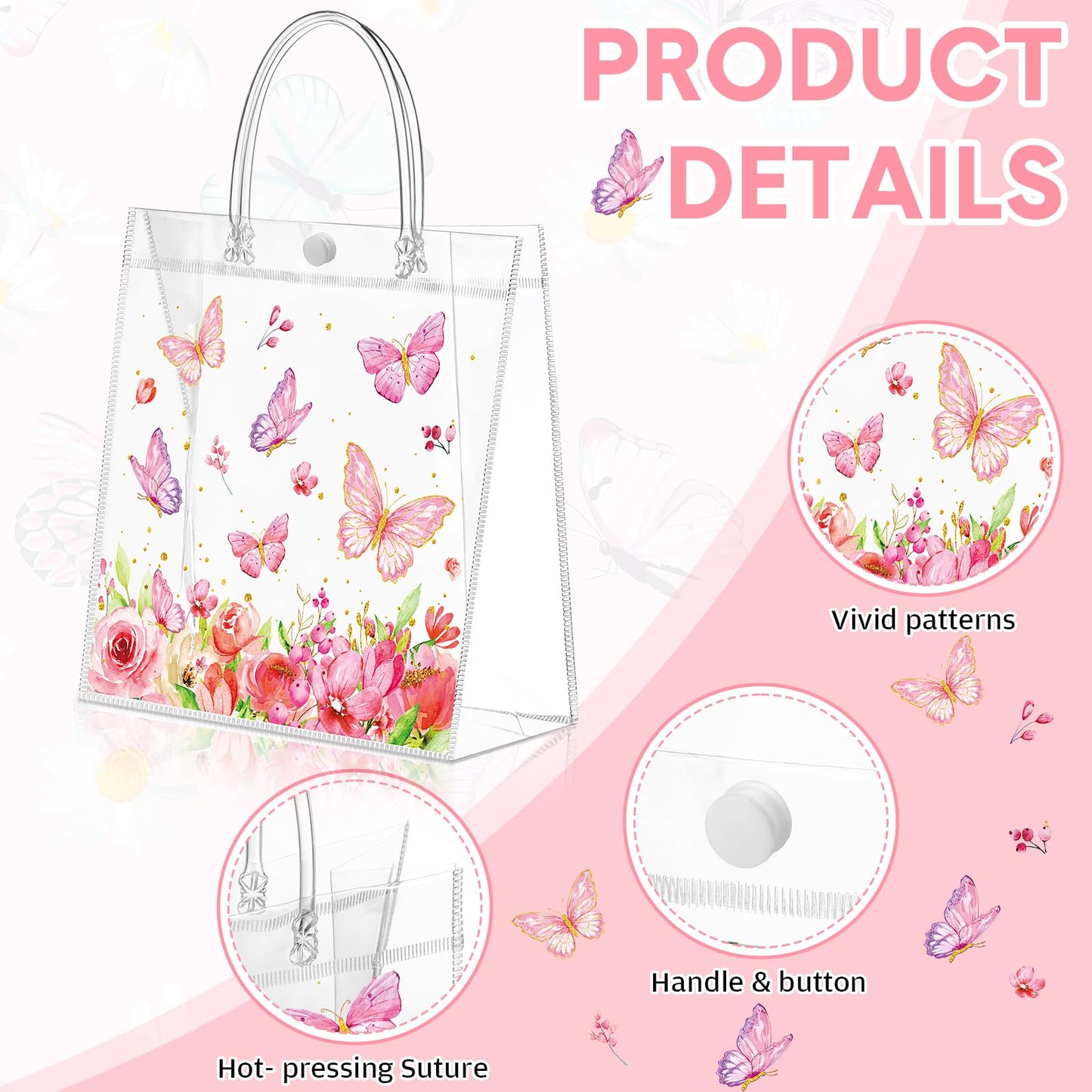 Hosuly 24 Pcs Butterfly Gift Bags with Ribbon, Clear PVC Spring Butterfly Treat Bags with Handles, Reusable Pink Purple Transparent Favor Bag for Wedding, Baby Shower, Birthday, Theme Party