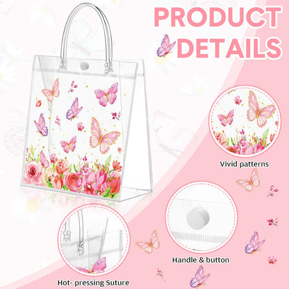 Hosuly 24 Pcs Butterfly Gift Bags with Ribbon, Clear PVC Spring Butterfly Treat Bags with Handles, Reusable Pink Purple Transparent Favor Bag for Wedding, Baby Shower, Birthday, Theme Party