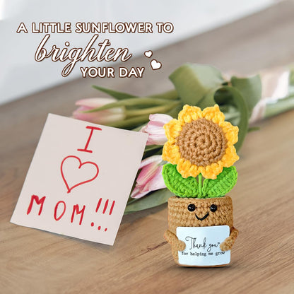 Mini Sunflower Teacher Appreciation Gifts, Thank You Gift for Teacher Boss Manager, Handmade Crochet Positive Plant with Card, Cute Small Desk Decor, End of School Year Christmas Graduation Present