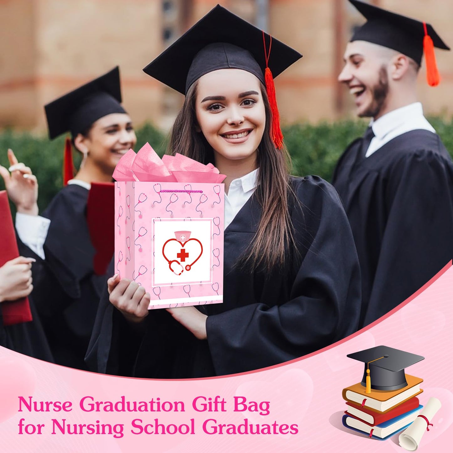 D4DREAM Nurse Graduation Gift Bag - 13" Large Pink Nurse Gift Bag with Tissue Paper for Women Doctor Nursing School Grads Medical School Graduates Perfect for Nurse Week Celebrations