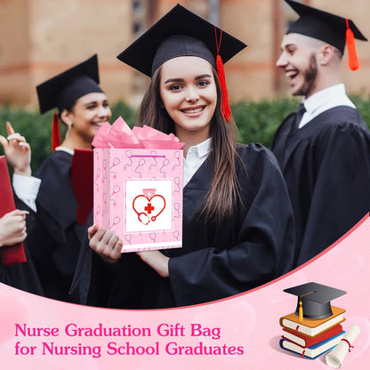 D4DREAM Nurse Graduation Gift Bag - 13" Large Pink Nurse Gift Bag with Tissue Paper for Women Doctor Nursing School Grads Medical School Graduates Perfect for Nurse Week Celebrations