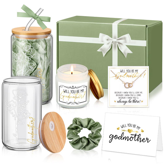 6 Pcs Godmother Proposal Gift Set, Will You Be My Godmother Gift Box, 16oz Glass Cup, Necklace & Scented Candle from Godchild for Baptism Mother’s Day Birthday(English,Sage Green)