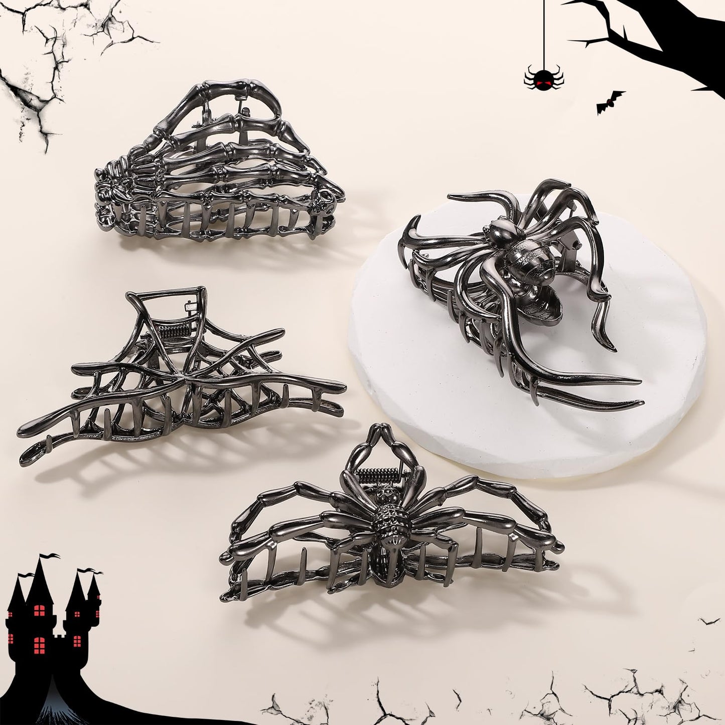 Obeoby 4 Pcs Metal Hair Clips for Women, Large Hair Claw Clips for Thick Long Hair Styling with Spider Webs Skeleton Decor, Goth Accessories Hair Accessories Birthday Valentines Day Gifts (Black)