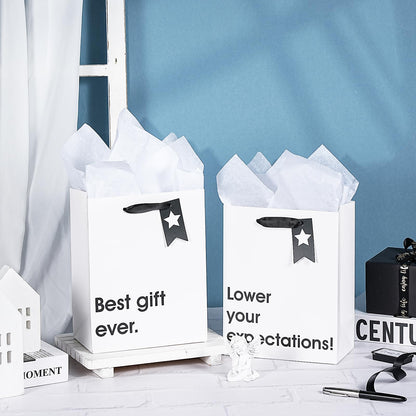 Loveinside Christmas Medium Size Gift Bags Set, Funny Quirky Design with Bold Black Text Pattern with Tissue Paper Perfect for Shopping, Parties, Birthday, Holiday, 4 Pack, 7" X 4" X 9"