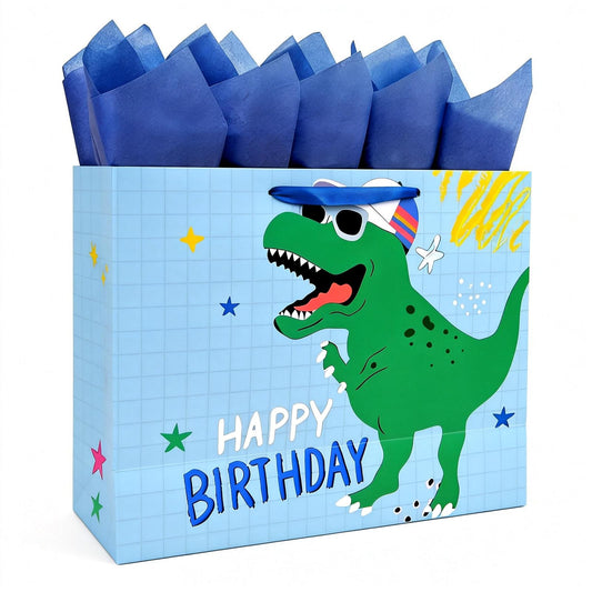 Joliloly 13" Happy Birthday Gift Bag, Dinosaur Print Sturdy Thick Paper Bag for Kids, Reusable Birthday Present Bag with Tissue Paper and Card for Boys Girls, Party Gift Wrapping Supplies