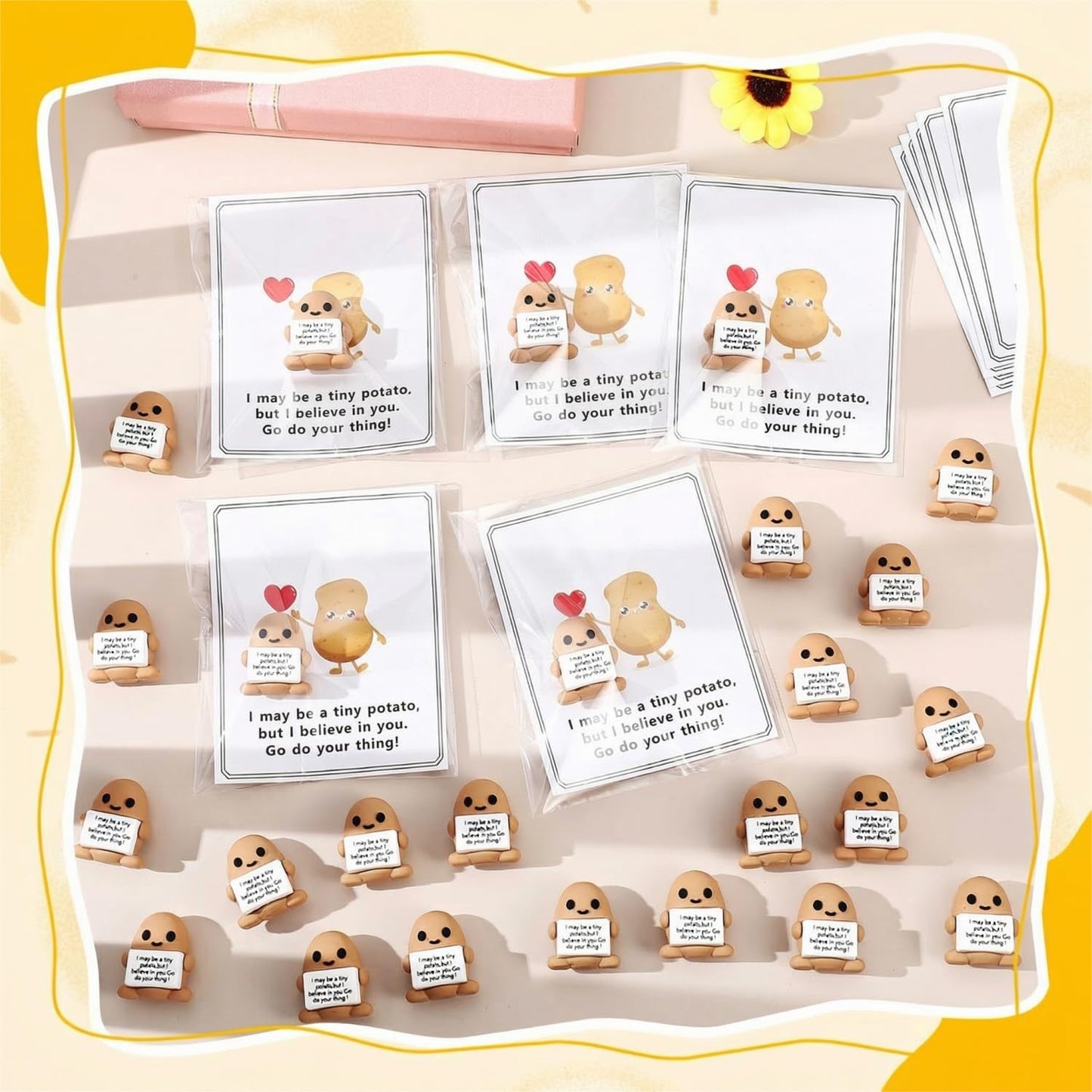 Gejoy 50 Sets Positive Mini Figurines Gifts Miniature Emotional Mini Rubber Toy with Positive Card Gift Bags Inspirational Birthday Gifts for Coworkers Employees (Potato)