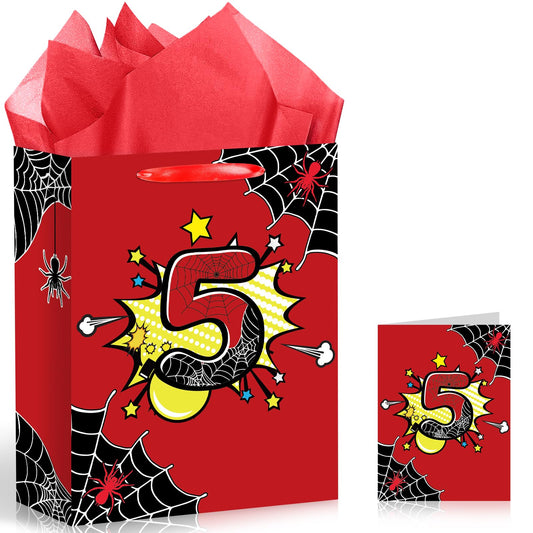 Spider 5th Birthday Gift Bag with Tissue Paper and Card Black Red Spider Web Birthday Gift Wrapping Paper Bag 5 Years Old Treat Candy Bags with Handle for Kids Baby Shower Bday Party Decorations