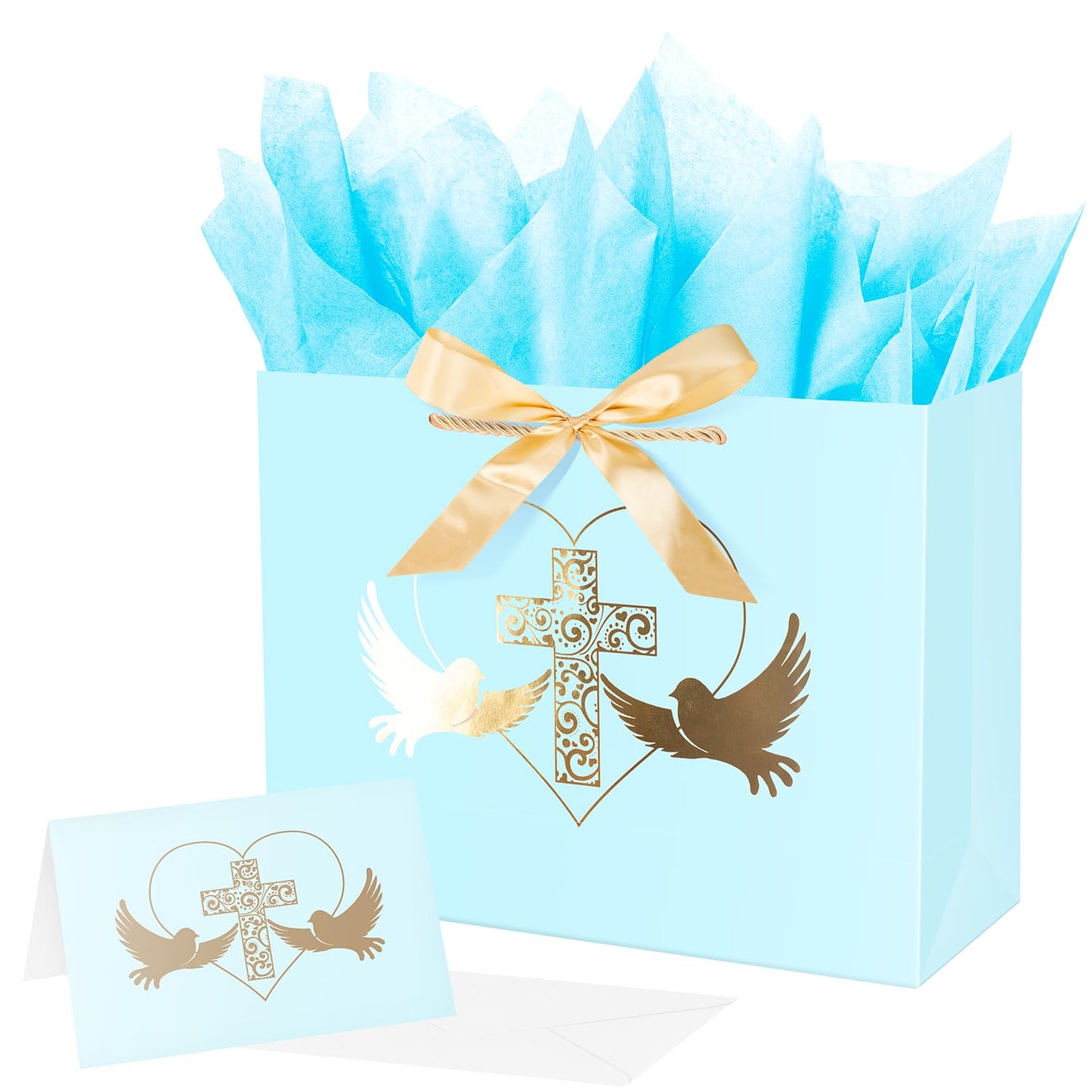 Linelglobal Baptism Gift Bag with Boy Blue Cross Gift Bag with Tissue Paper for Christenings First Communions Religious 12.6"