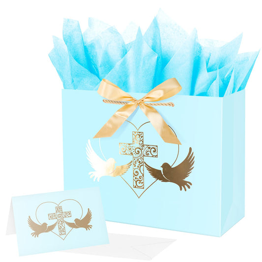 Linelglobal Baptism Gift Bag with Boy Blue Cross Gift Bag with Tissue Paper for Christenings First Communions Religious 12.6"